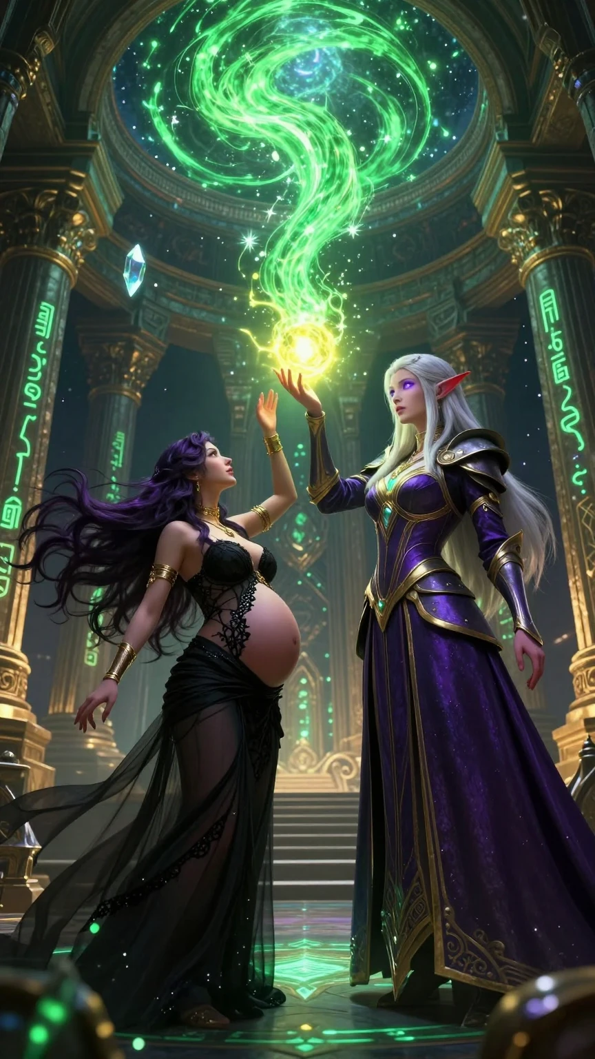 Dark Sorceress and Elf Mage Channeling Green Magic