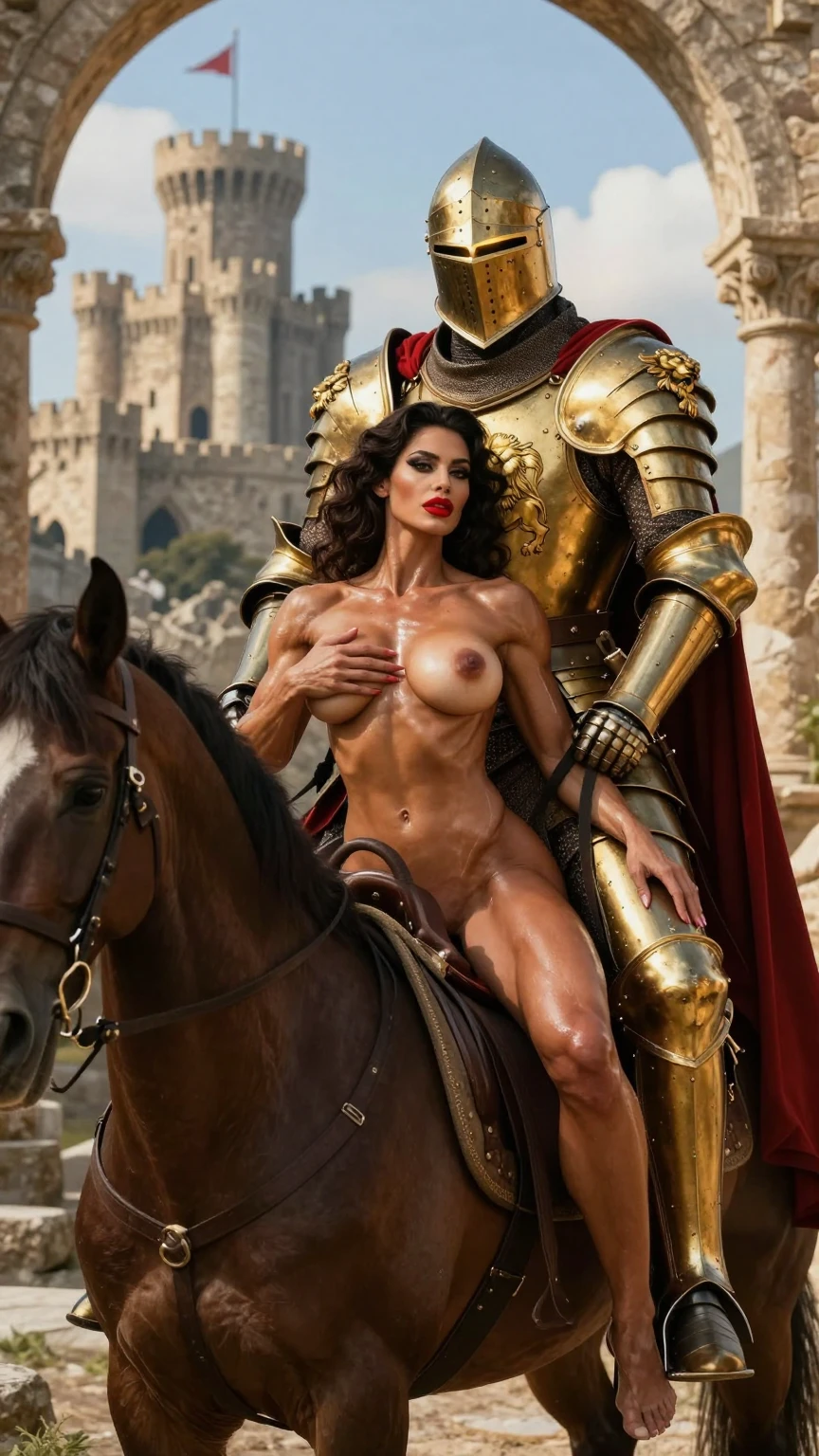 Nude Amazon on Horse with Golden Knight