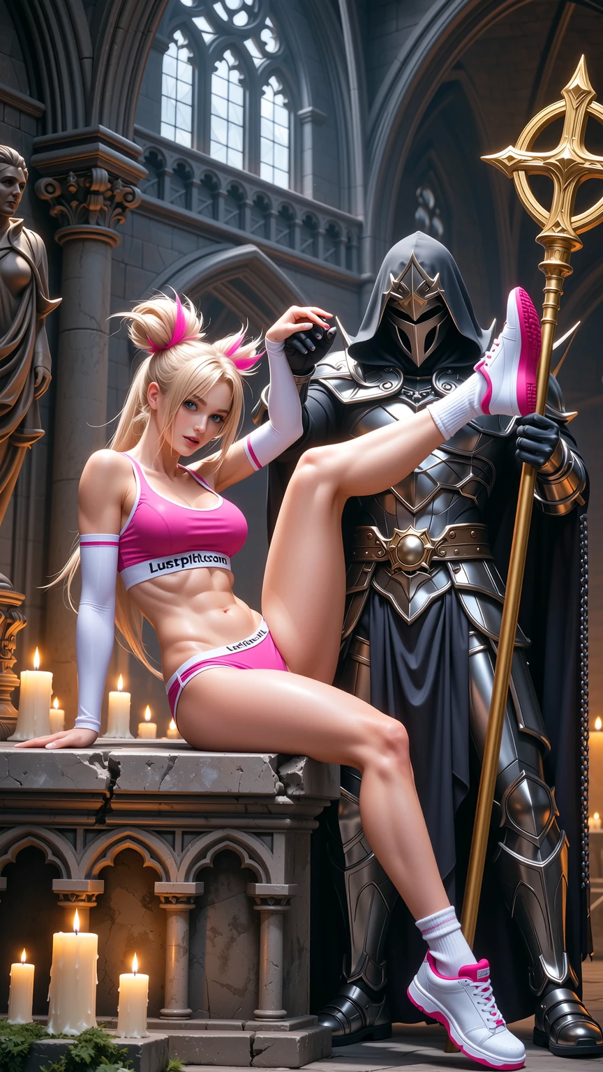 Blonde in Pink Sports Bra with Masked Warrior in Cathedral