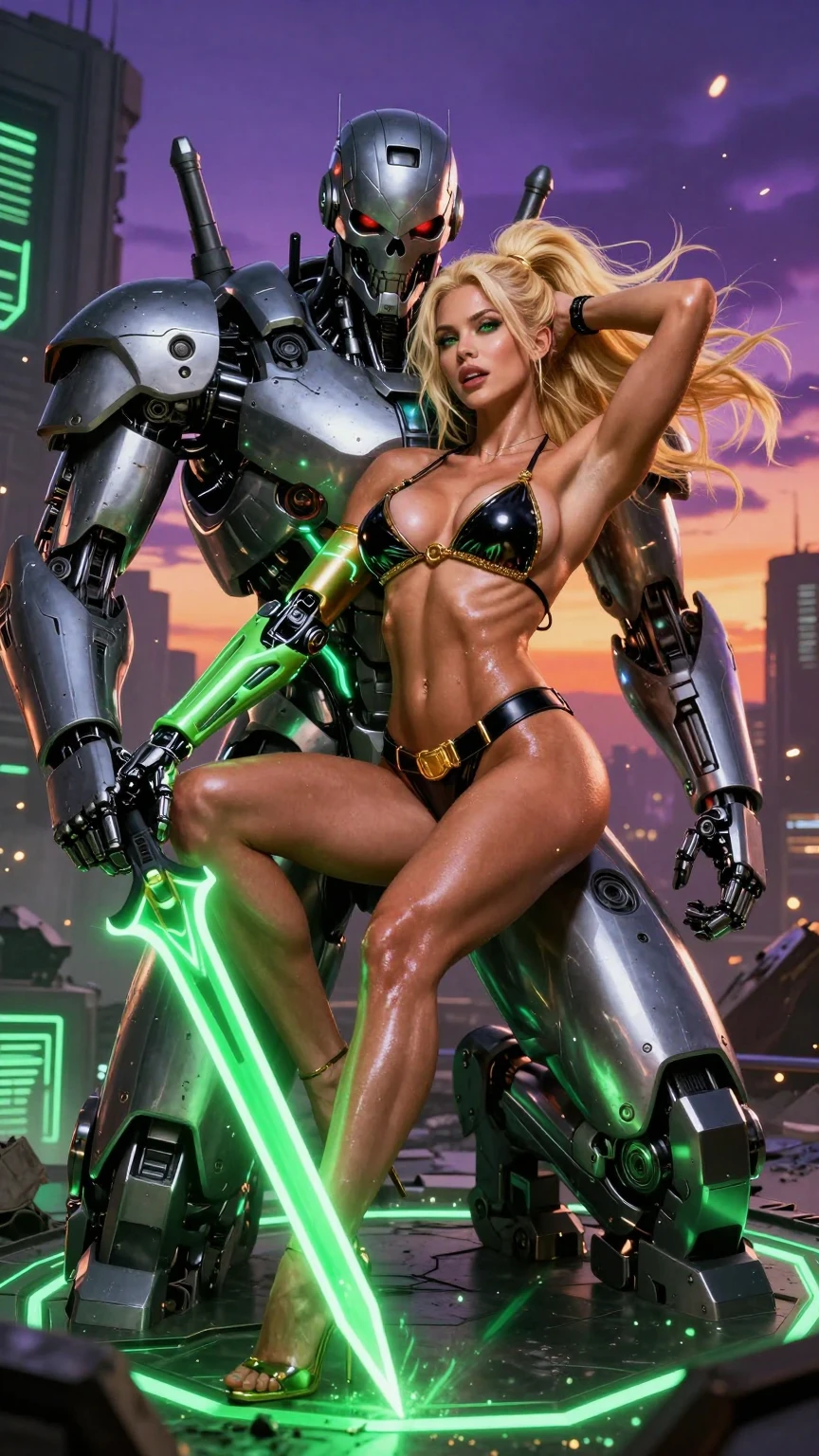 Seductive Blonde Cyborg and Neon Robot Guardian