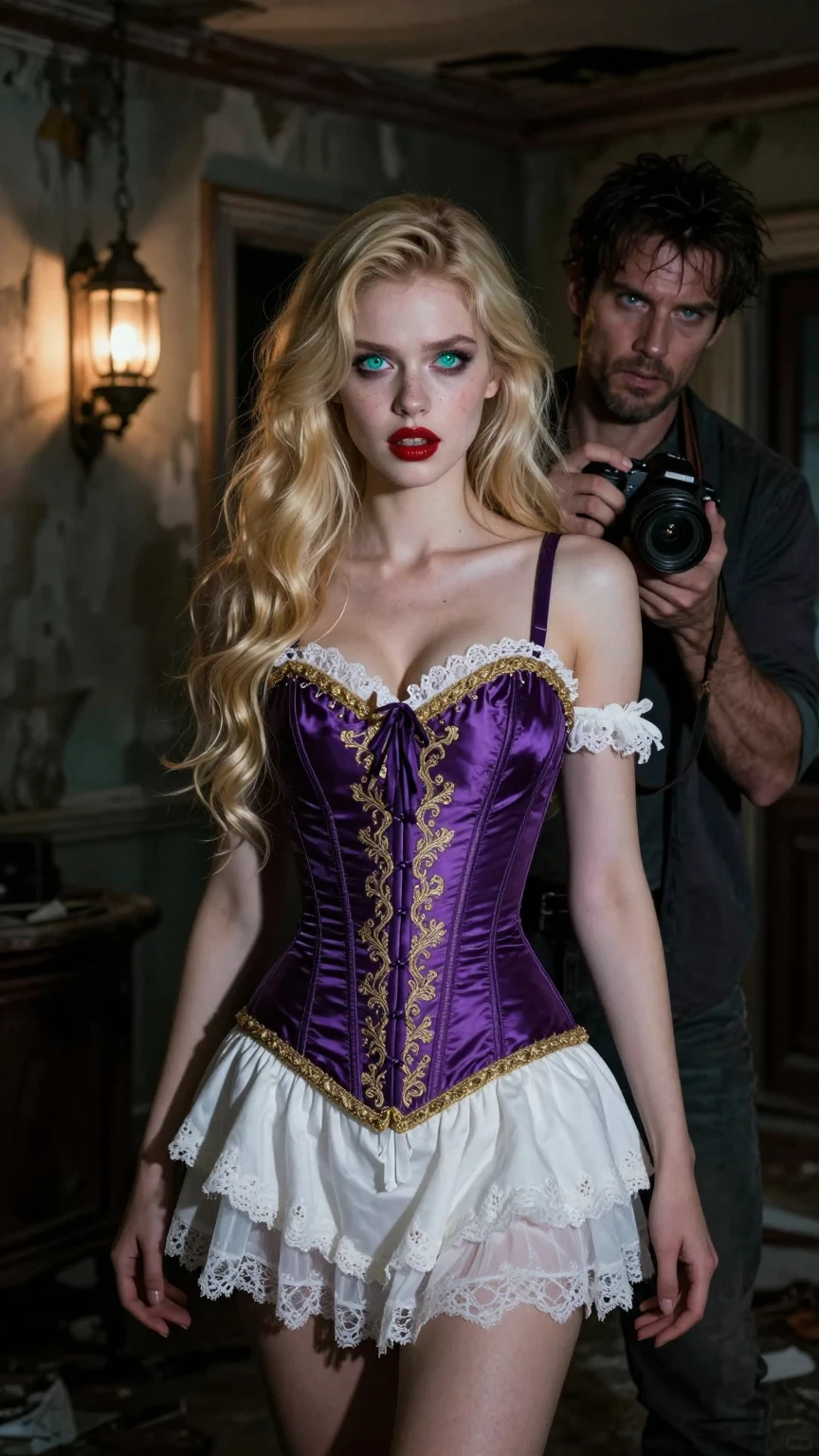 Glowing Eyes Beauty in Haunted House with Photographer