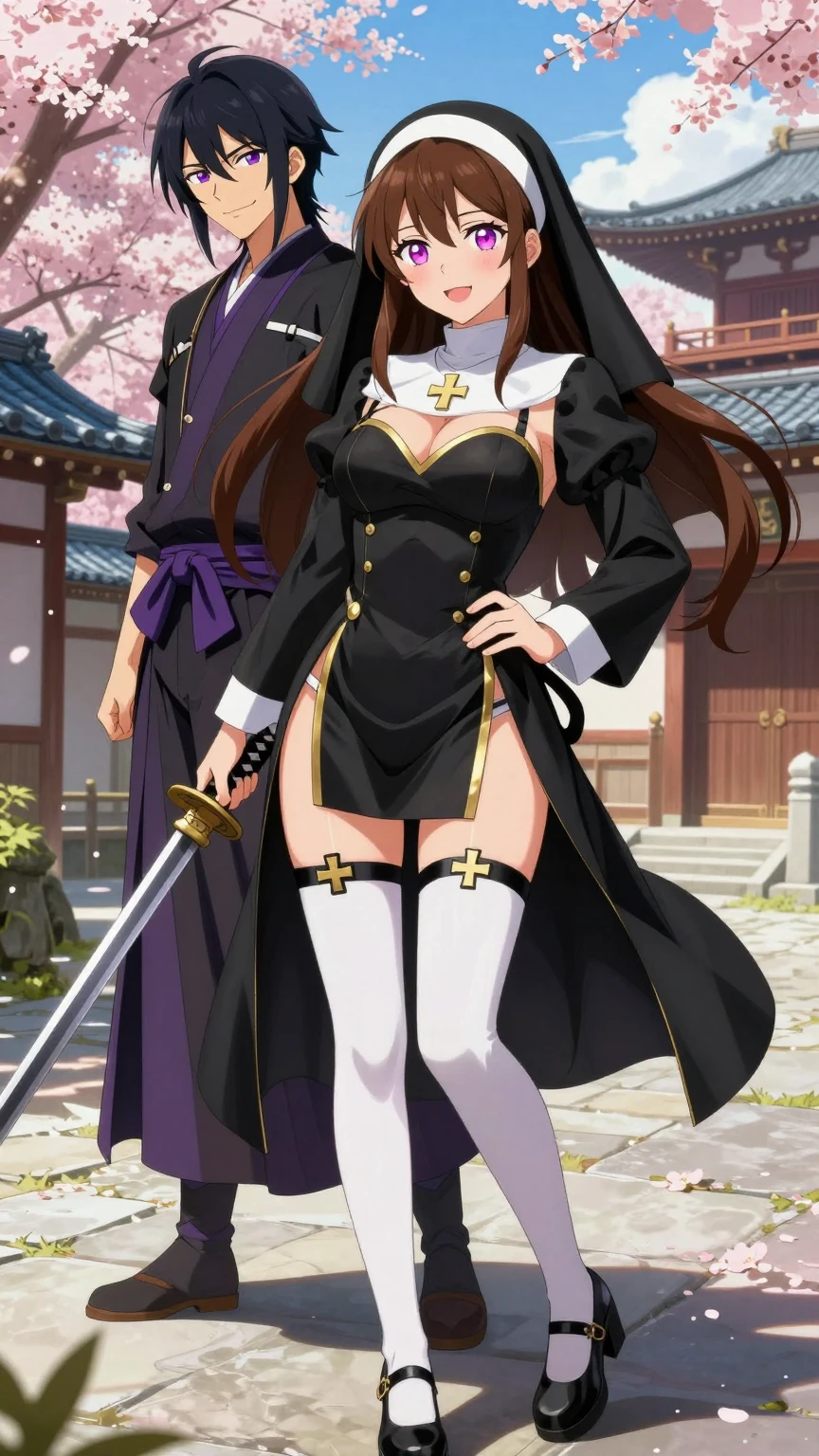 Seductive Nun and Samurai in Cherry Blossoms
