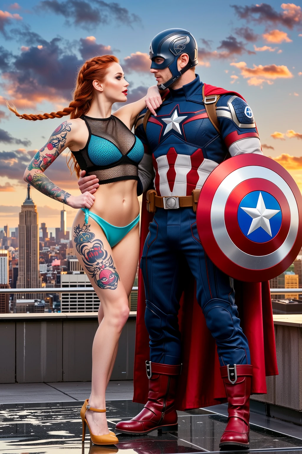 Redhead and Captain America Rooftop Duo