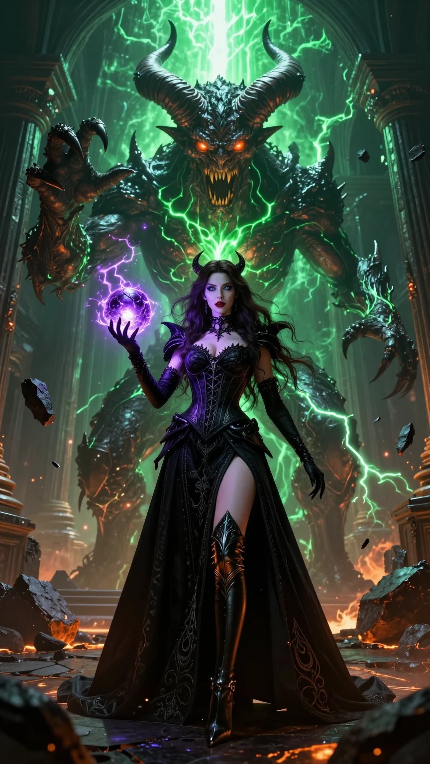 Sorceress Wielding Chaos Before Infernal Colossus
