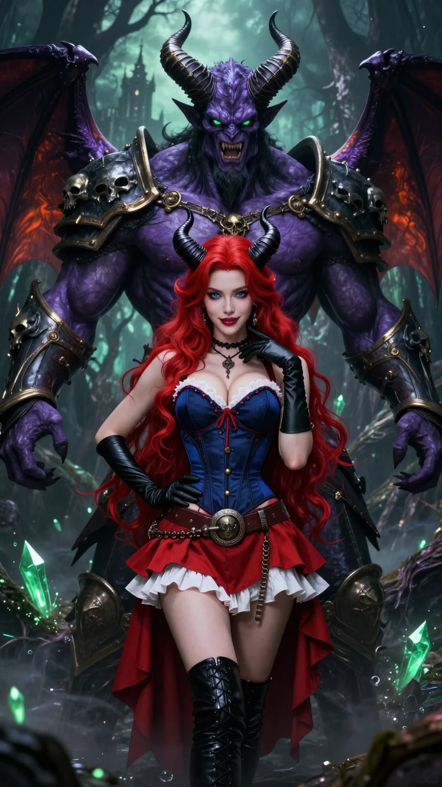 Seductive Red Demoness with Purple Demon Lord