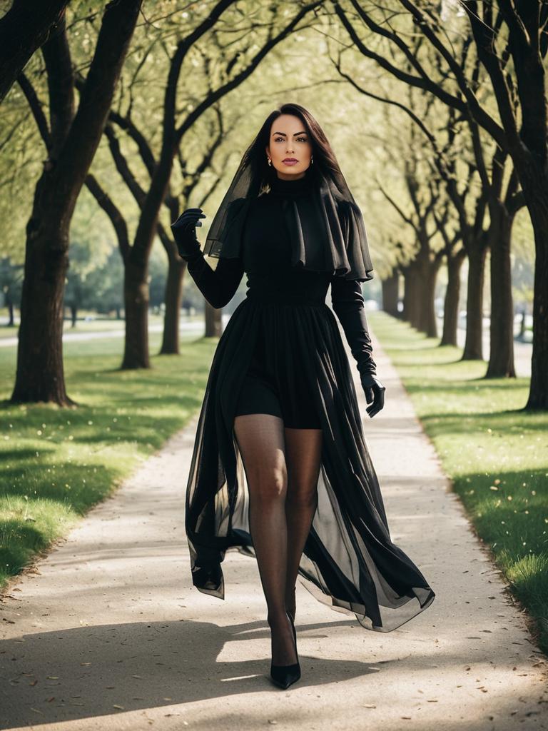 Elegant Brunette in Flowing Black Dress: Sunlit Park Stroll