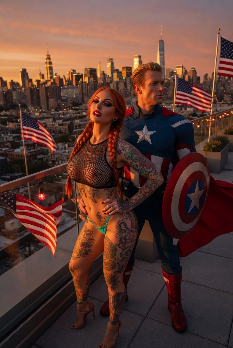 Redhead and Captain America Rooftop Duo