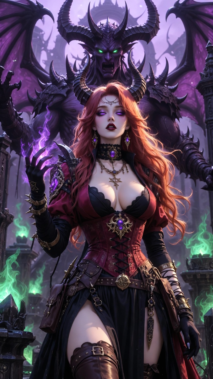 Crimson Sorceress Before Demonic Warlord Throne