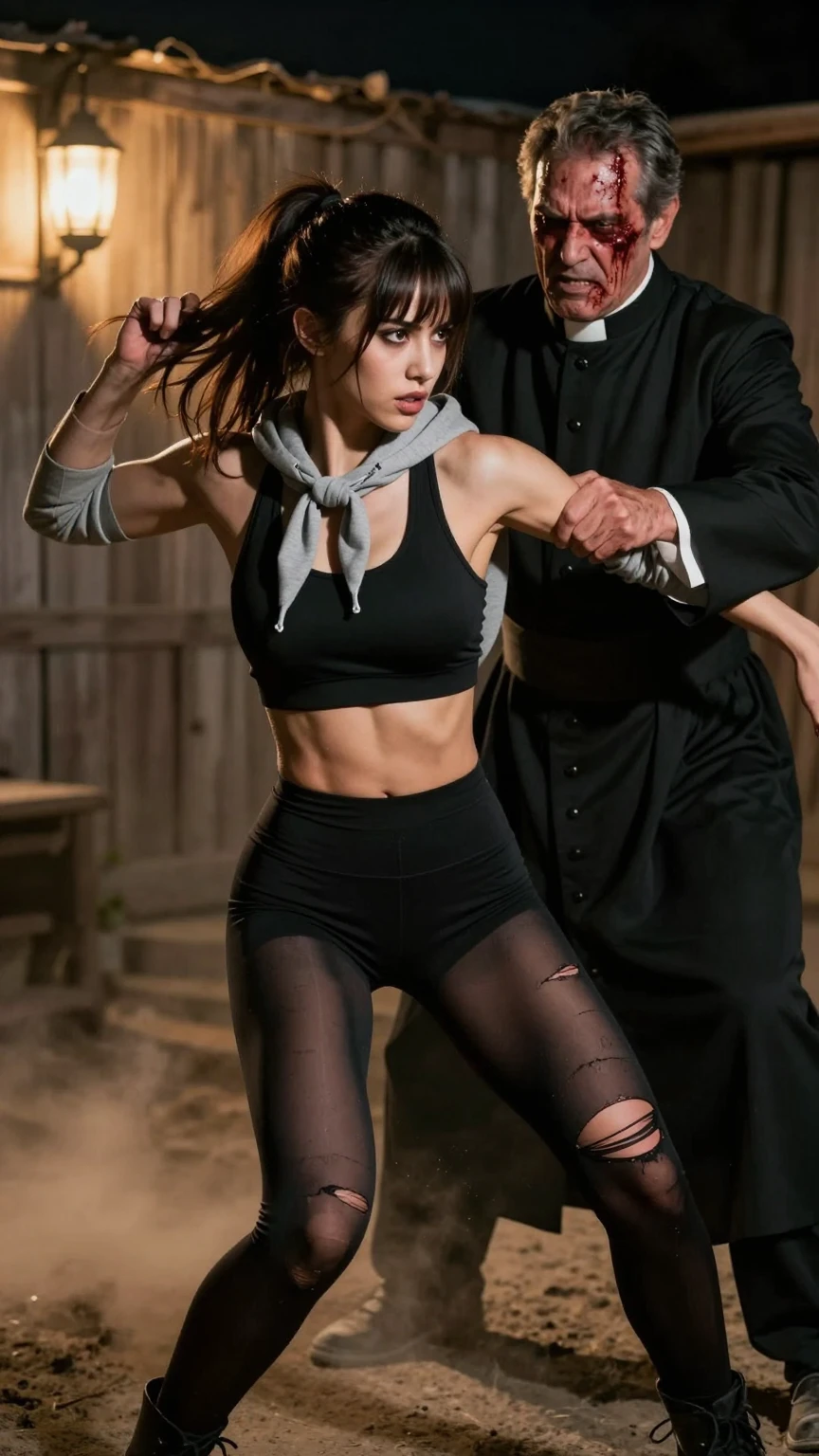 Athletic Woman Attacked by Evil Priest