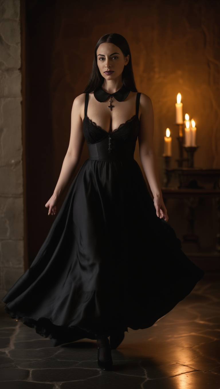 Dark Chapel Reverie: Brunette Muse in Candlelit Gothic Elegance