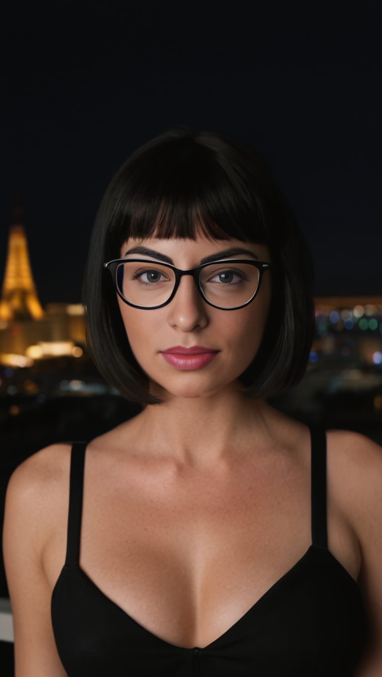 Night City Rooftop Portraits with Brunette in Glasses