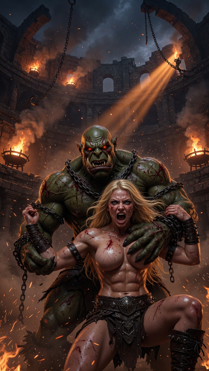 Massive Orc Crushes Blonde Warrior in Fiery Arena