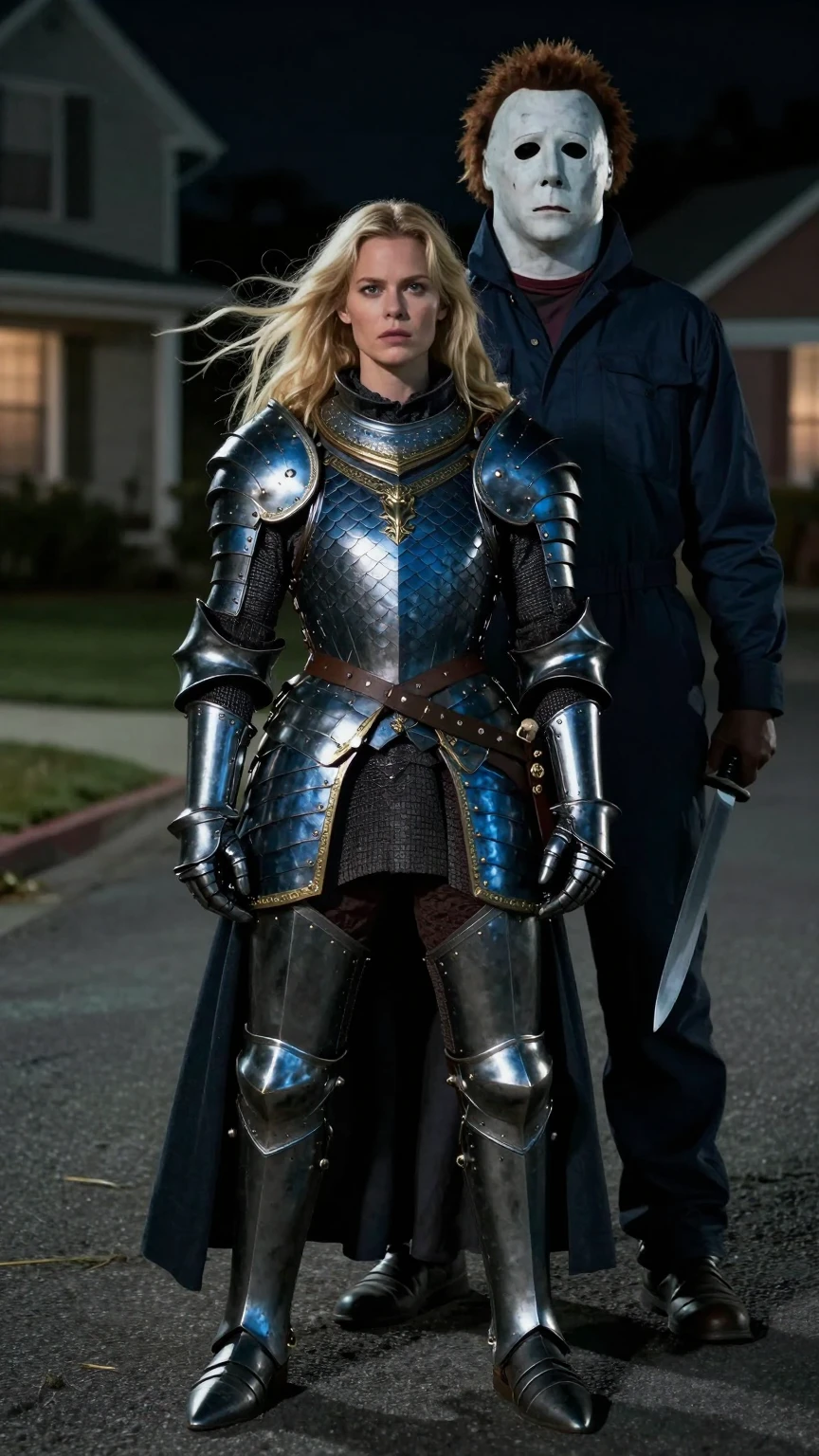 Blonde Knight Confronts Michael Myers in Suburbia