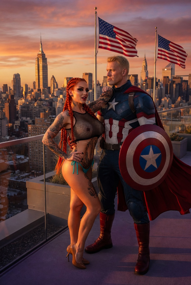 Redhead and Captain America Rooftop Duo