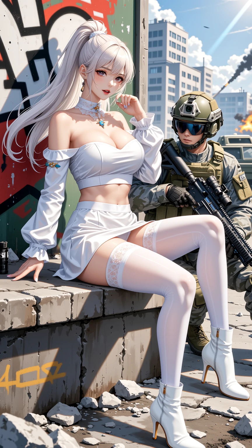 Blonde Beauty in White Satin with Tactical Soldier
