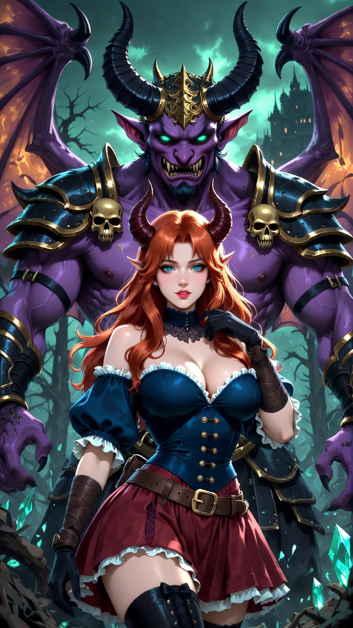 Seductive Red Demoness with Purple Demon Lord