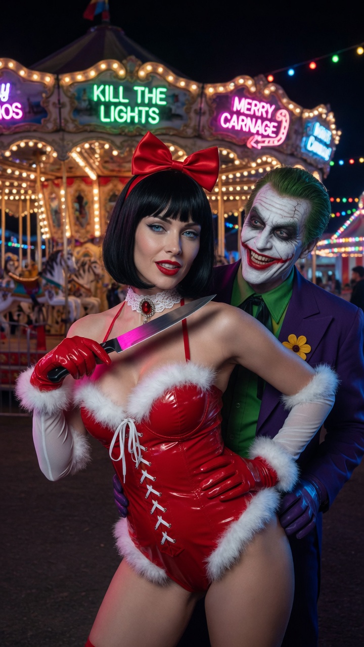 Sexy Mrs Claus with Joker at Carnival