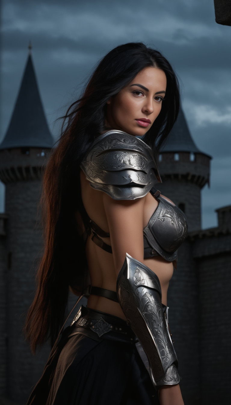 Armored Warrior Woman Standing Within Medieval Fortress