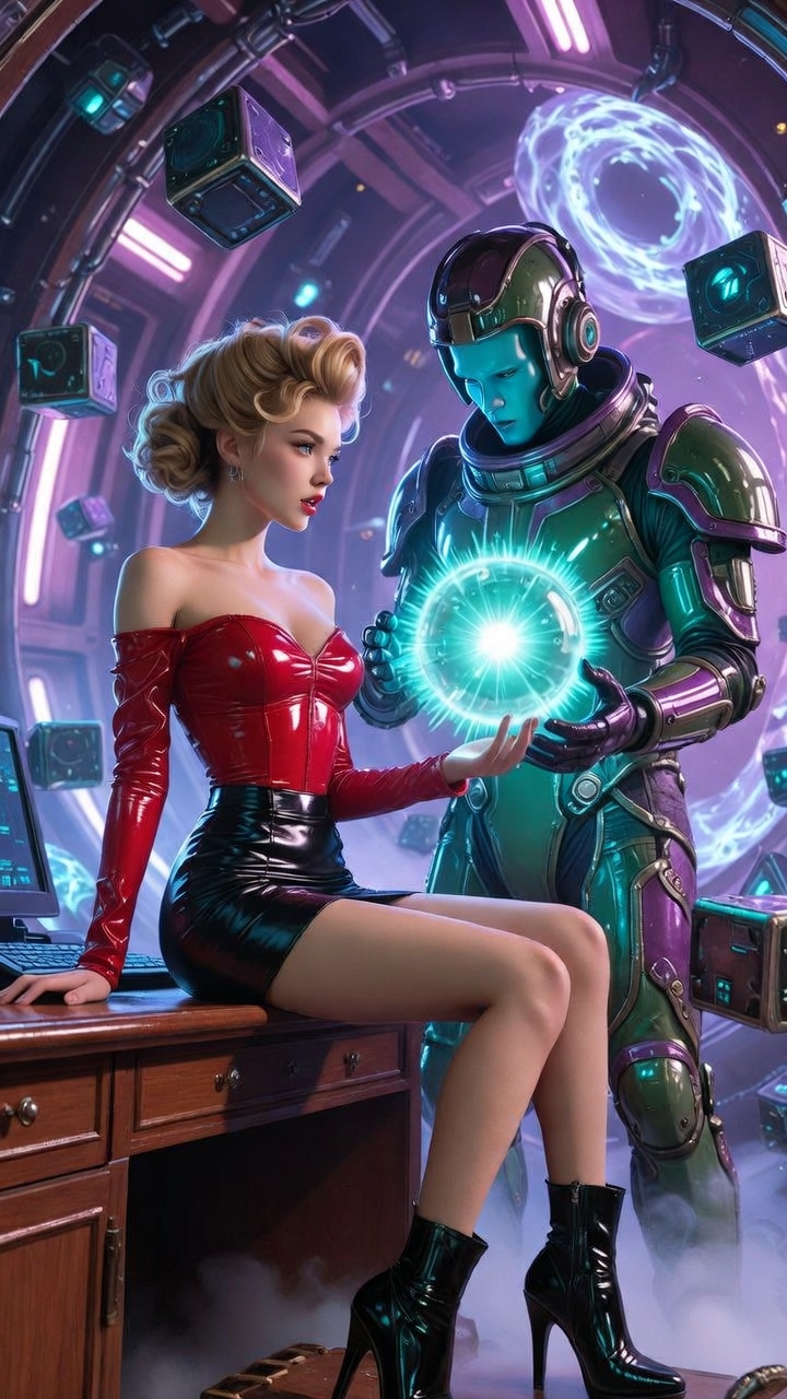 Cosmic Power Encounter in Neon Sci-Fi Chamber