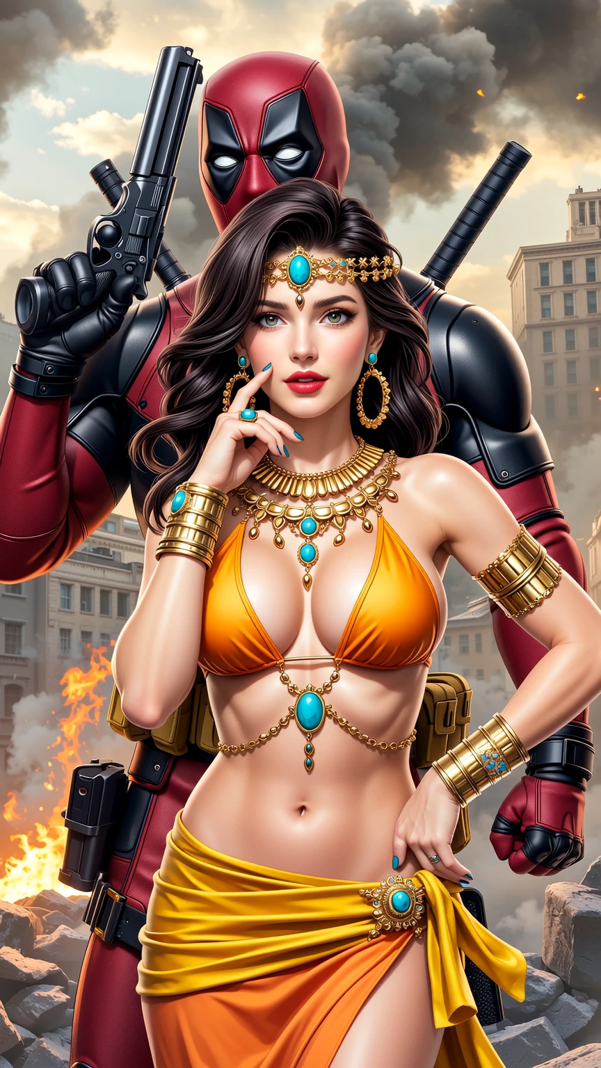 Exotic Golden Queen Posing with Deadpool in Ruins