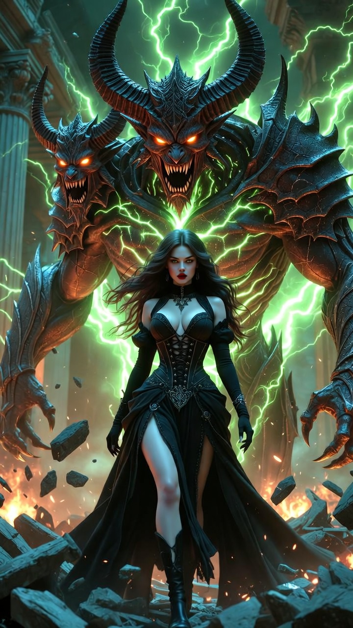 Dark Sorceress Commanding Infernal Twin Demon