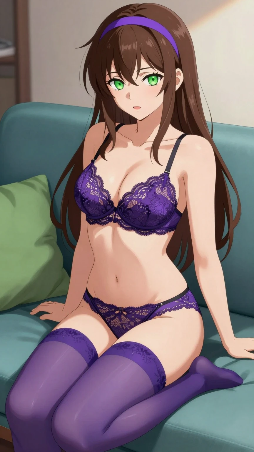 Confident Violet Lace Beauty on Modern Couch