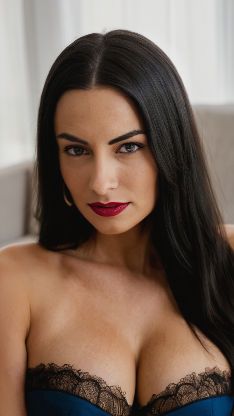 Brunette Charm in Red Skirt and Satin Corset