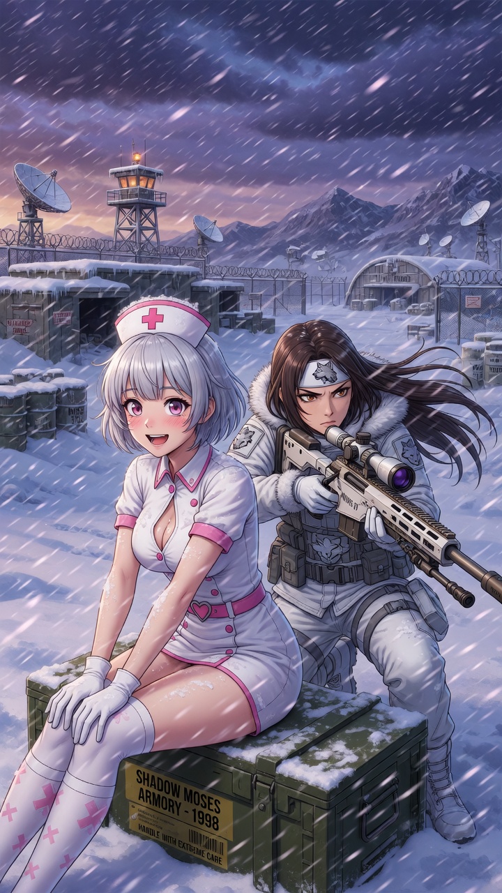 Nurse and Sniper Girls in Snowy Military Base