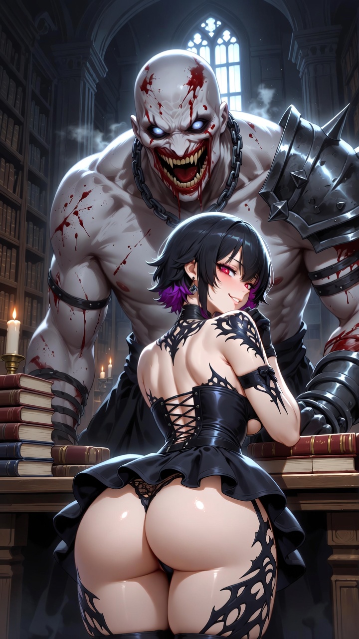 Gothic Anime Beauty with Undead Monster Guardian Library Fantasy Series