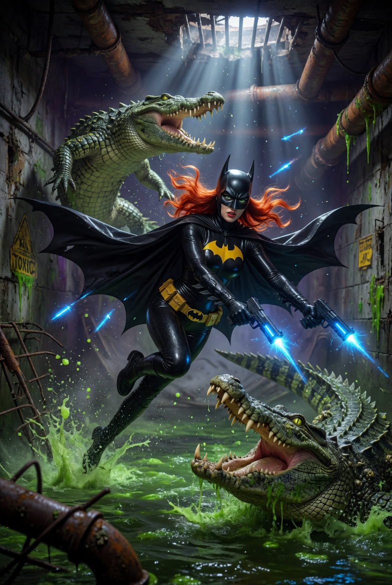 Redhead Batgirl vs Giant Sewer Crocodiles
