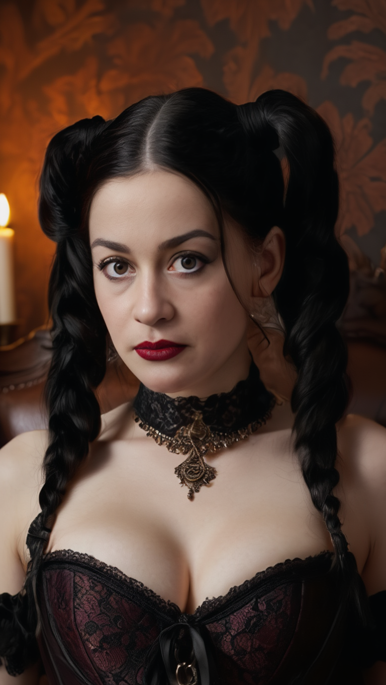 Crimson Corset Doll: Gothic Boudoir in Candlelit Shadows