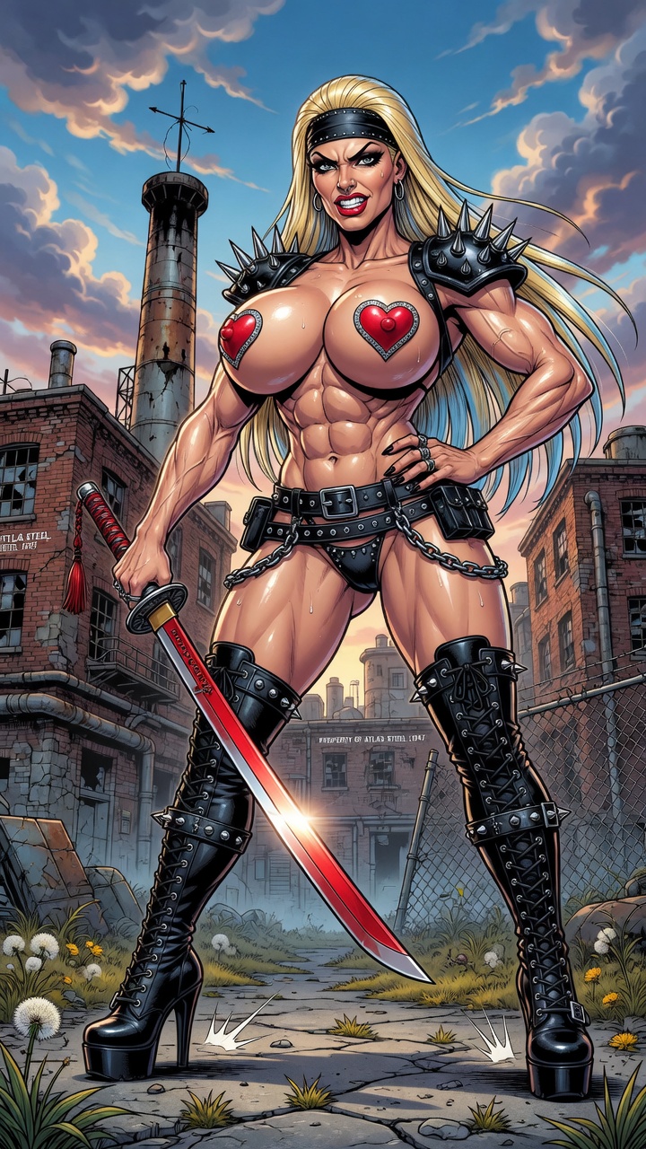 Muscular Blonde in Spiked Armor Holding Sword
