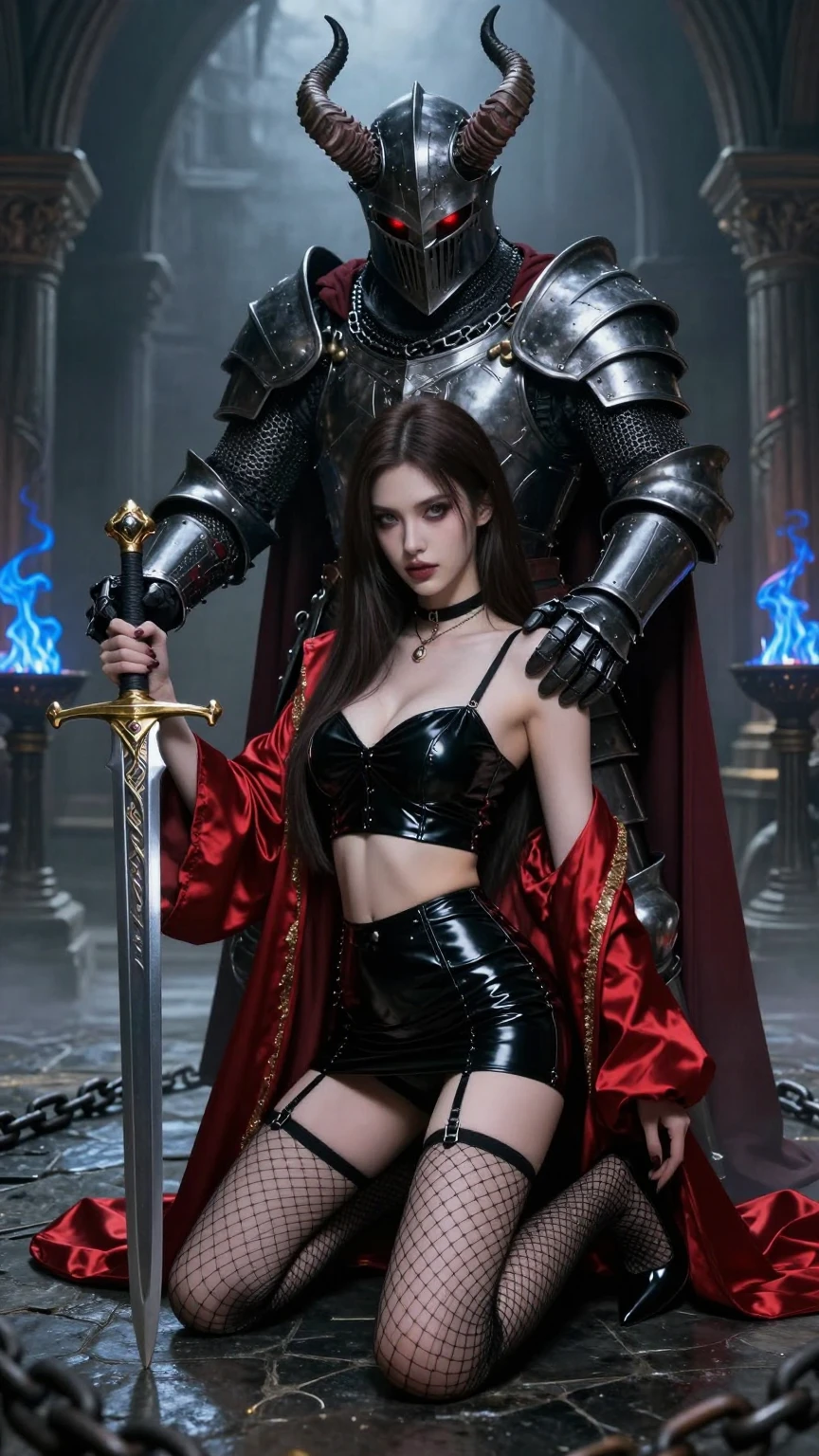 Kneeling Beauty with Horned Dark Knight