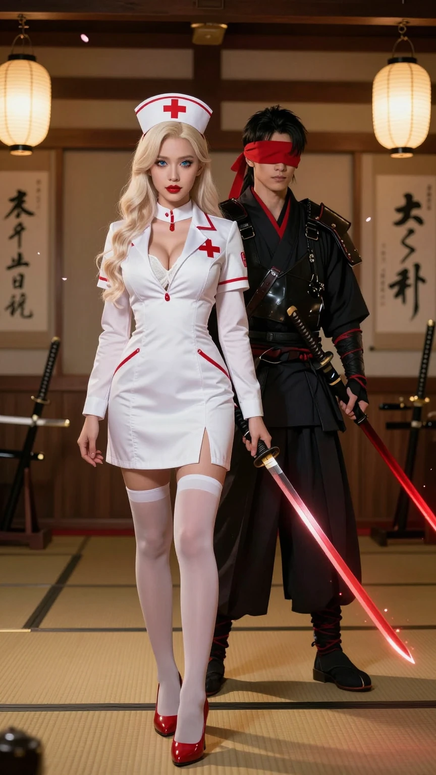 Seductive Nurse and Blindfolded Samurai Guardian