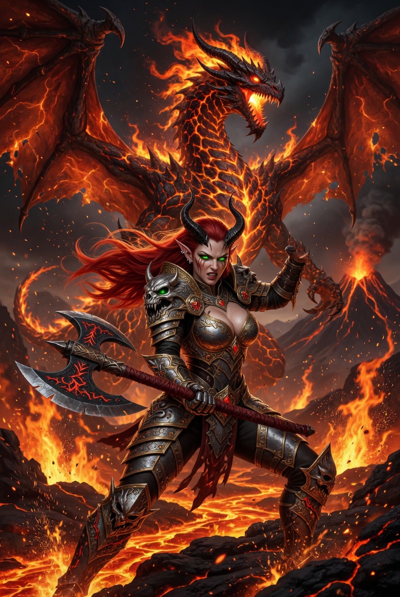Horned Redhead Elf Warrior in Lava Realm