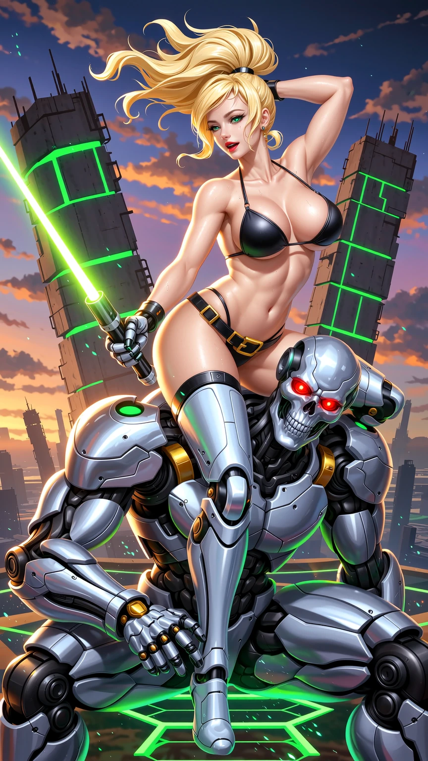 Seductive Blonde Cyborg and Neon Robot Guardian