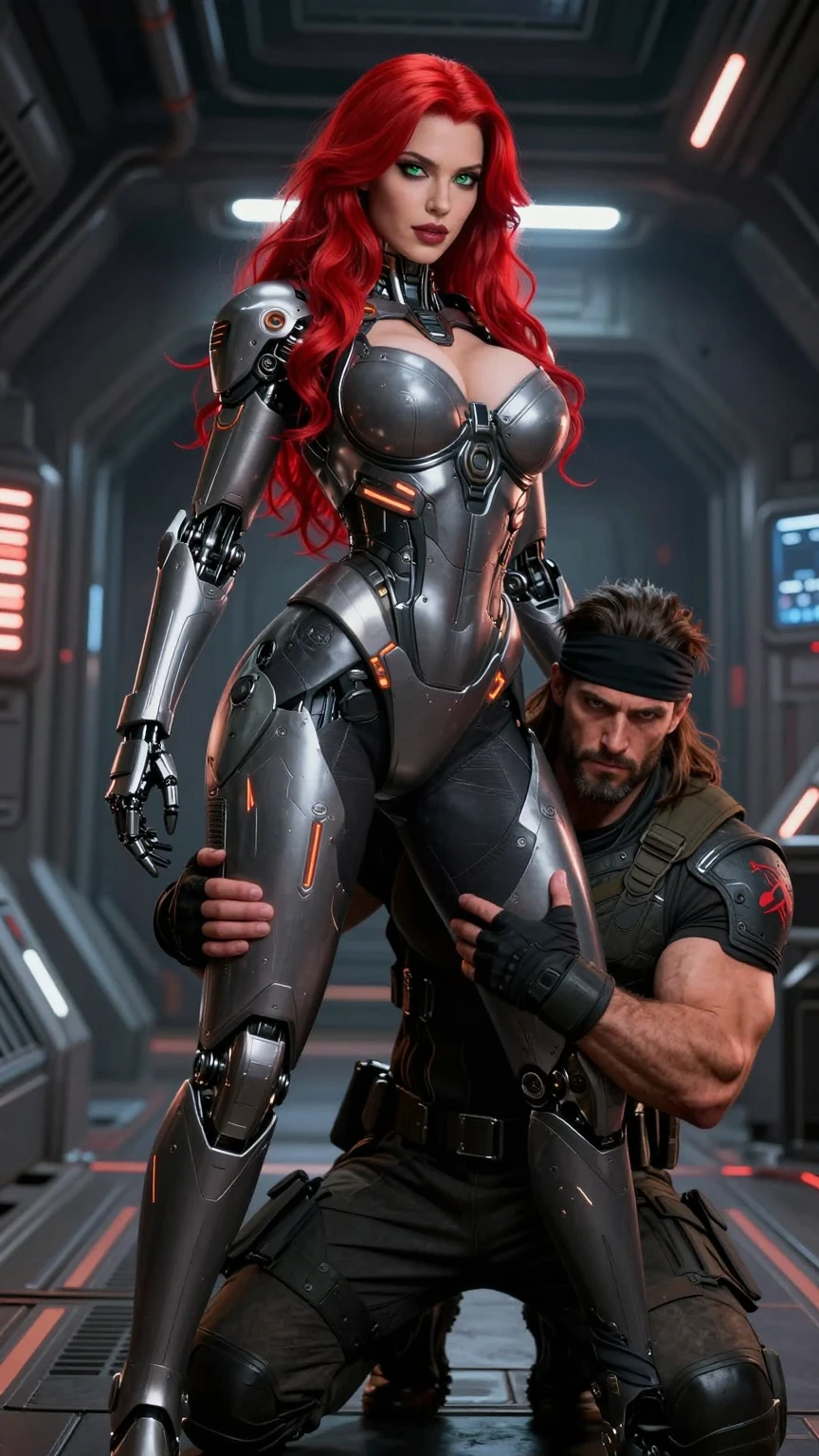 Redhead Cyborg Dominance in Spaceship Corridor