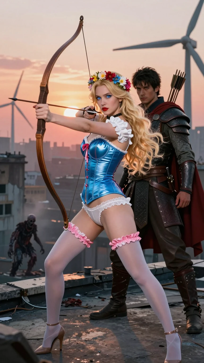 Post-Apocalyptic Blonde Archer on Rooftop Sunset