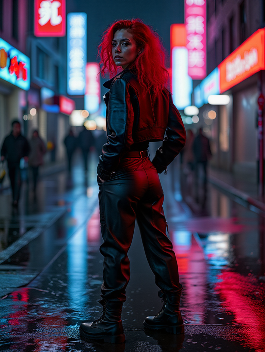 Neon Night Street Portraits with Red-Haired Cyberpunk Mood