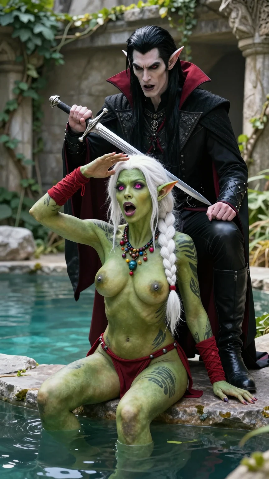 Orc Girl Threatened by Dark Elf in Ruins