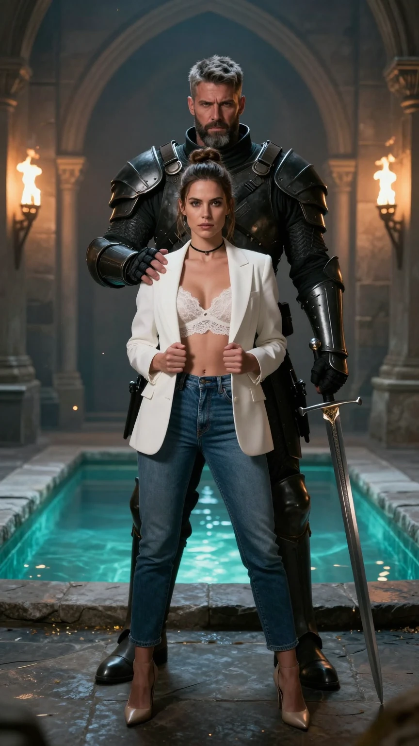 Modern Muse and Armored Guardian in Ancient Chamber