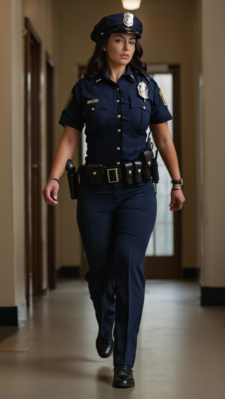Law and Desire: Brunette Officer in Modern Police Interior