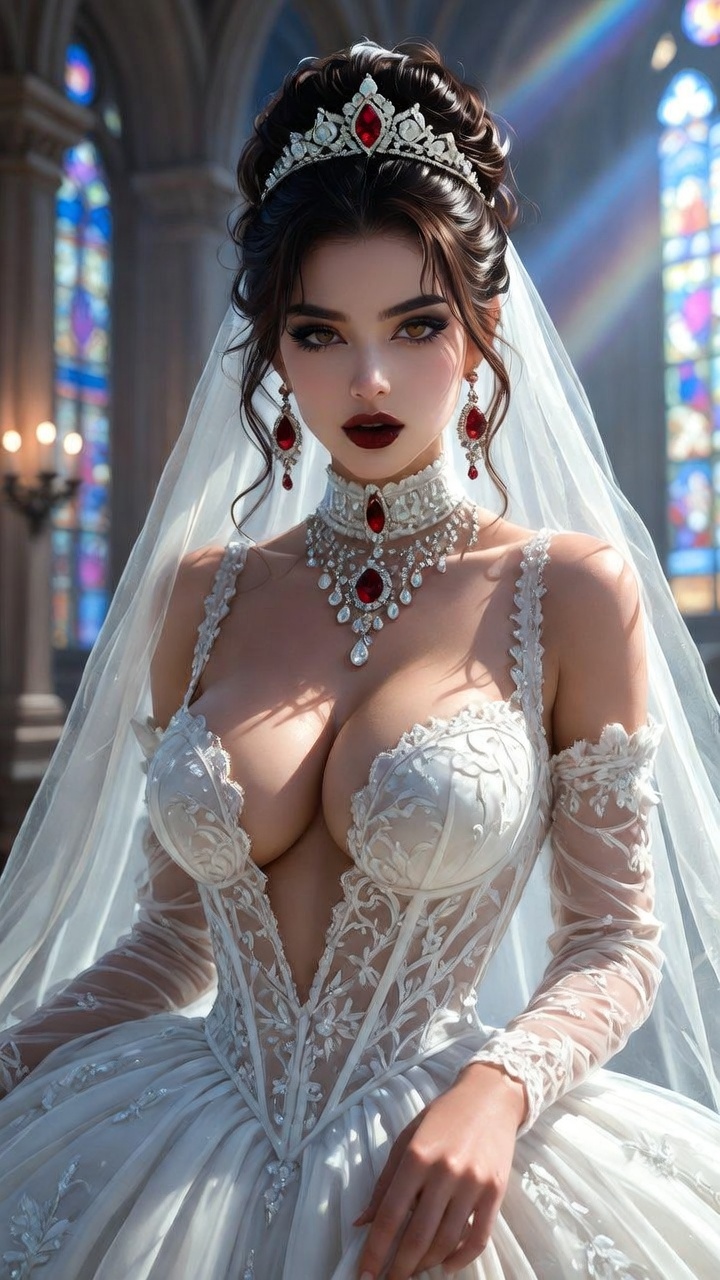 Royal Bride in Plunging Cathedral Wedding Gown