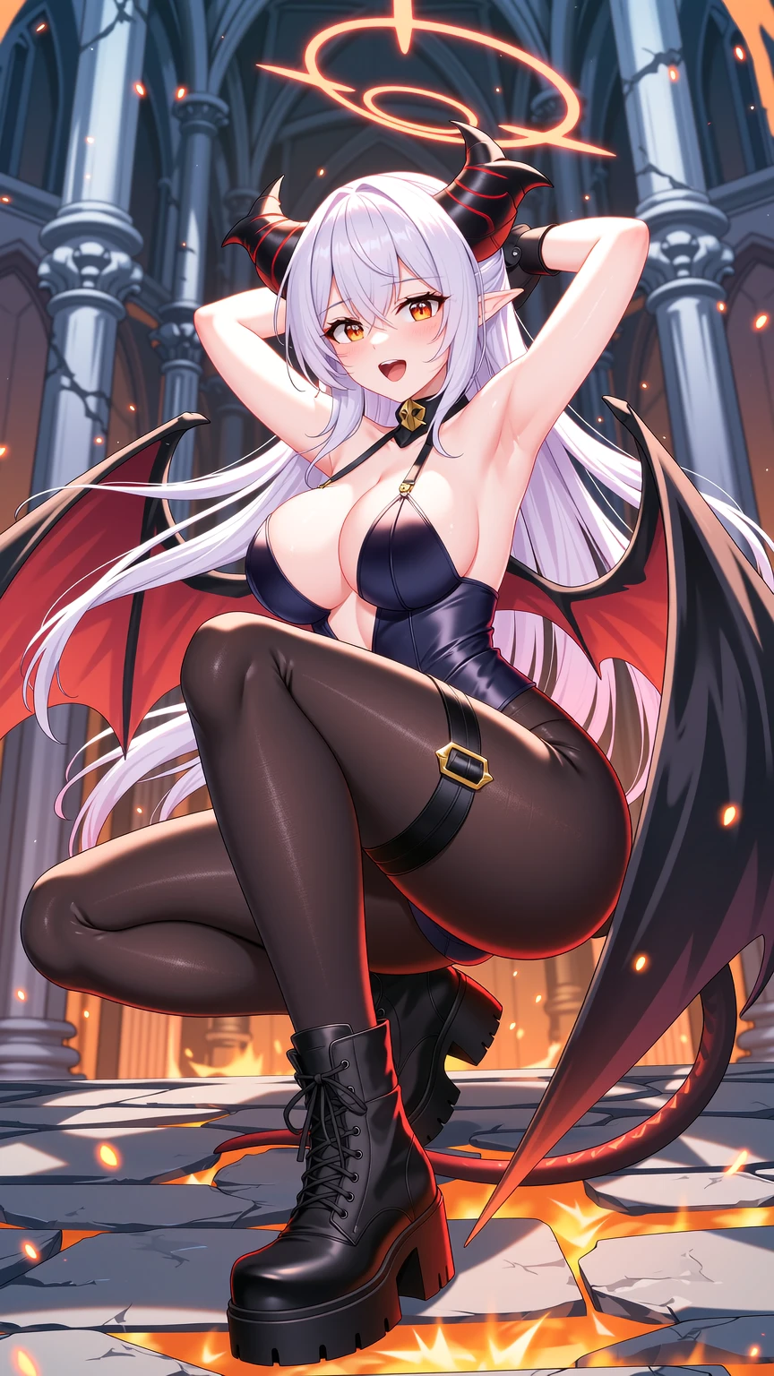 Silver Demoness Posing in Burning Cathedral