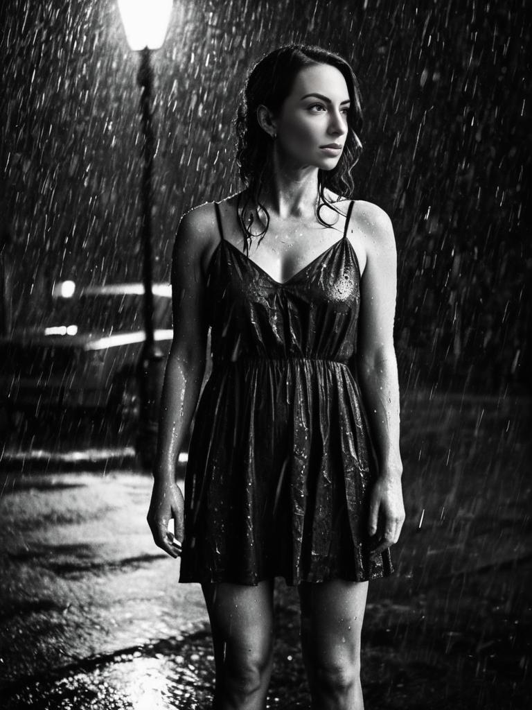 Brunette Drenched in Black Dress: Moody Rainy Night Portrait