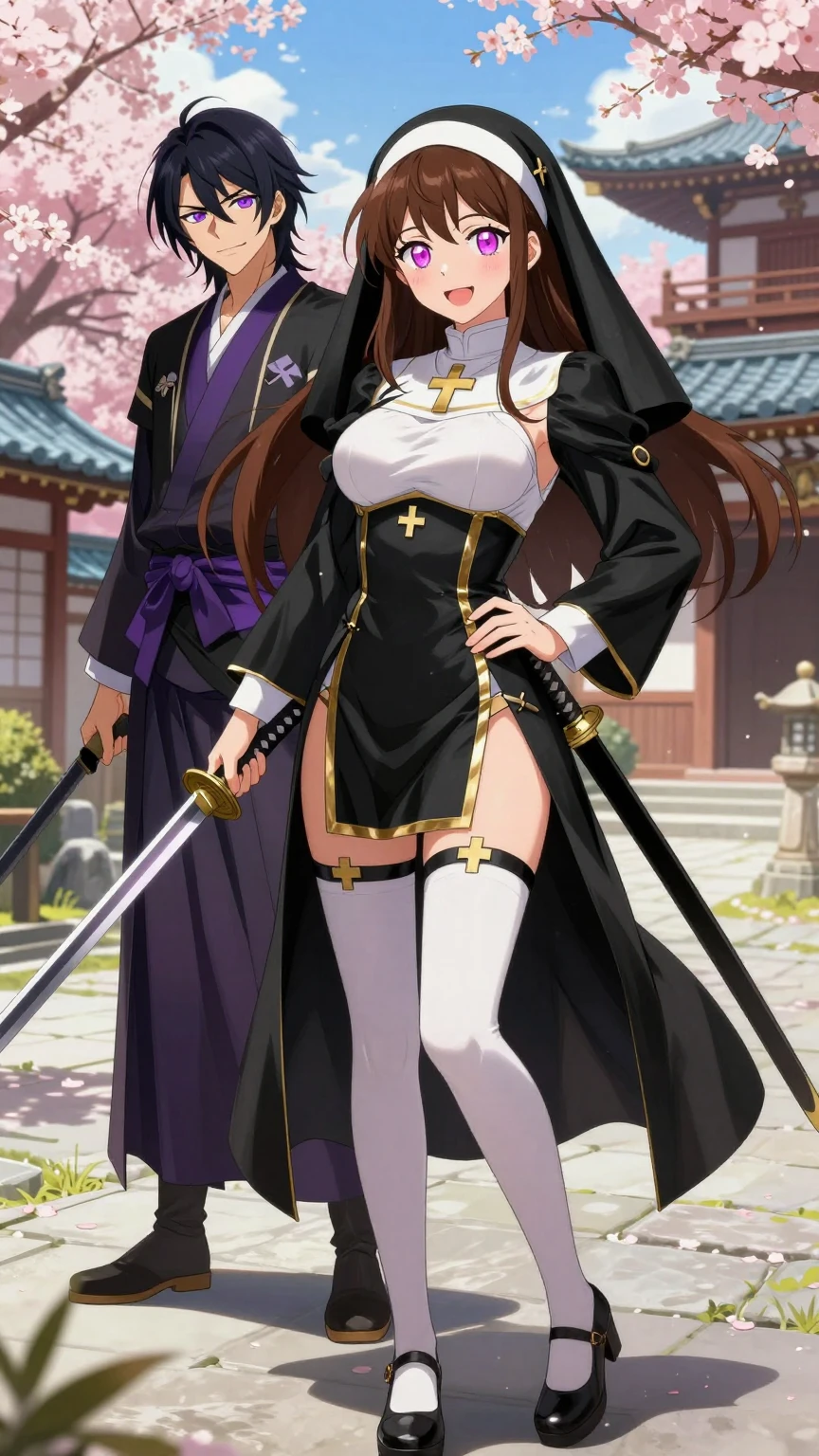 Seductive Nun and Samurai in Cherry Blossoms