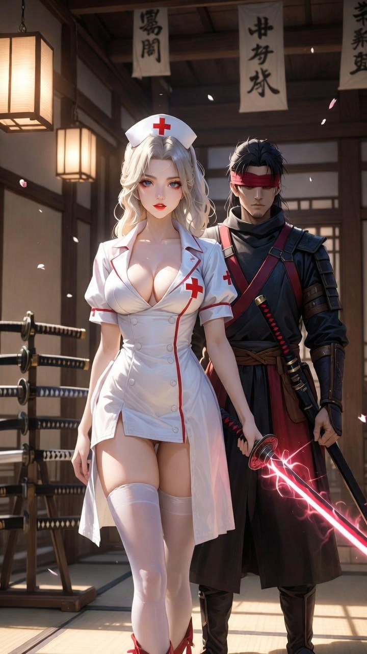 Seductive Nurse and Blindfolded Samurai Guardian