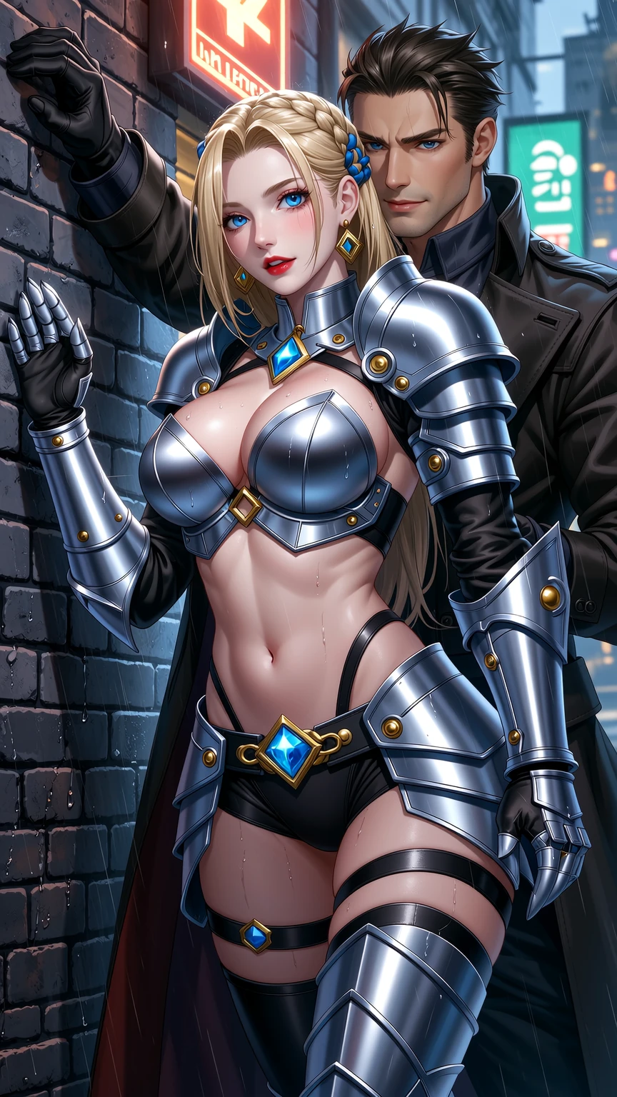 Blonde Knight in Rainy Neon Alley