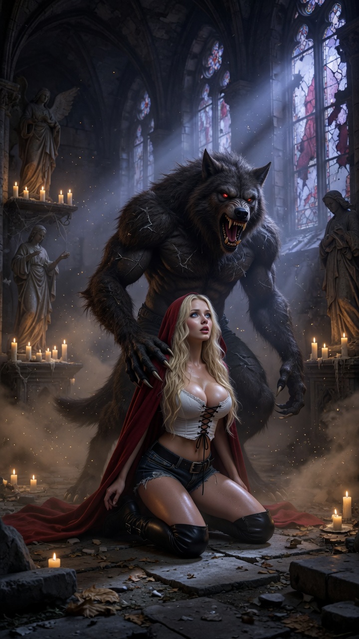 Blonde Red Riding Hood Kneels Before Massive Werewolf