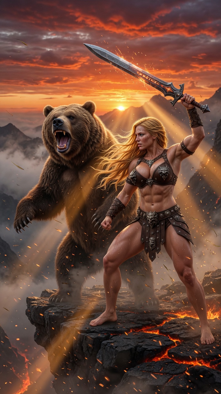Blonde Barbarian Warrior Faces Roaring Bear at Sunset